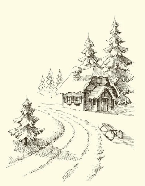 Nature in winter season, pine trees and a house in the snow