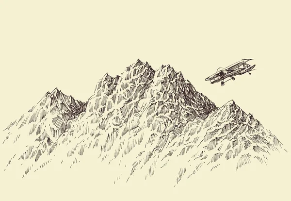 A flight over the mountains. Plane flying over alpine landscape Stock Vector