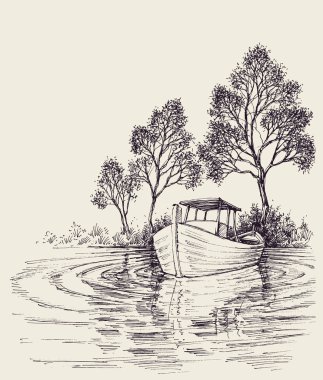 Kıyıdaki el çizimine yakın gölde bir tekne. Idyllic manzara 
