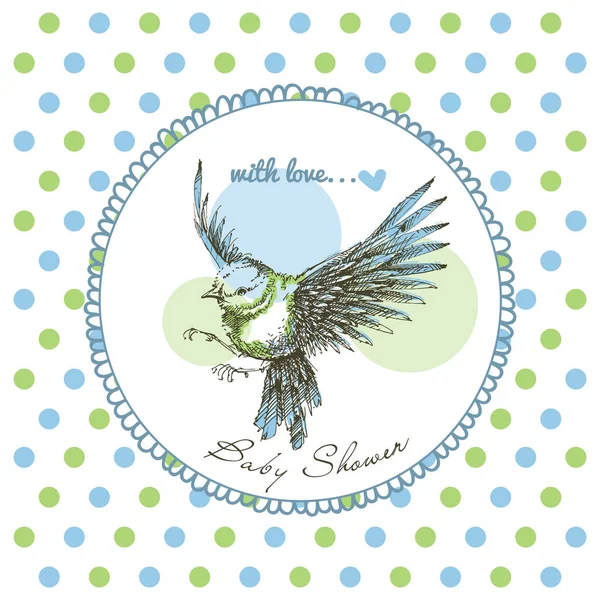 Baby sprcha, roztomilý pták rám přes zelené a modré tečky vzor — Stockový vektor