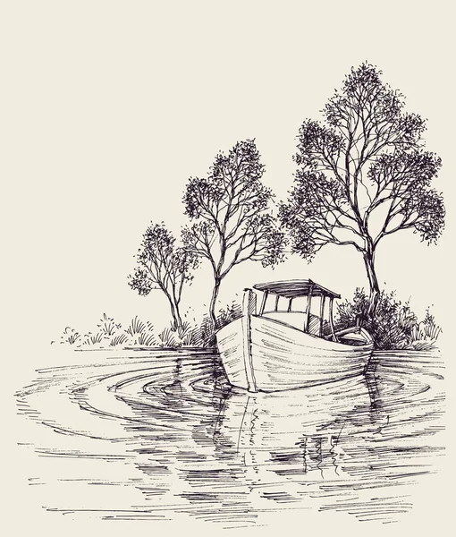 Boat on lake close to the shore hand drawing. Idyllic landscape — 스톡 벡터