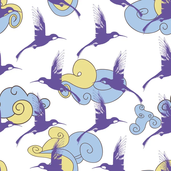 Oiseaux volants dans le ciel au-dessus des nuages motif sans couture — Image vectorielle