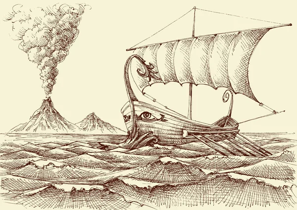 Galley navio no mar mão desenho, uma erupção vulcânica — Vetor de Stock