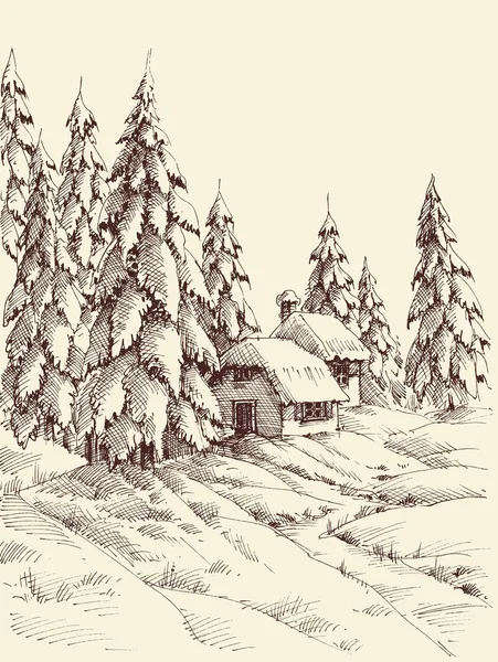 Une cabane dans la pinède en hiver dessin à la main — Image vectorielle