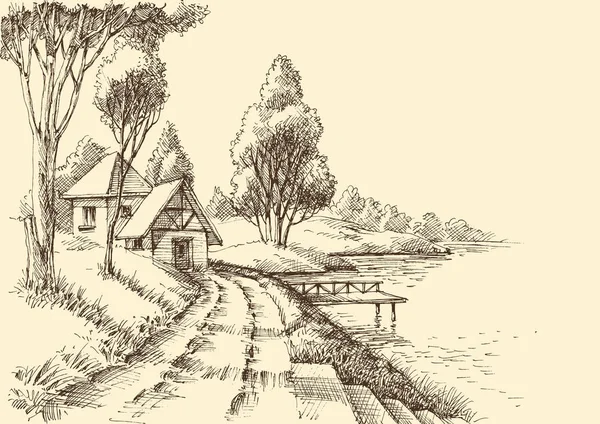 Une maison au bord du lac dans un beau jardin nature croquis — Image vectorielle