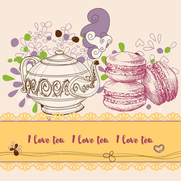 Листовка с чаем и печеньем, элементы дизайна макарон — стоковый вектор