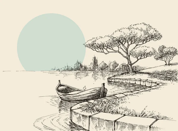 Barco vacío en la orilla en el parque, relajación en la naturaleza boceto — Vector de stock