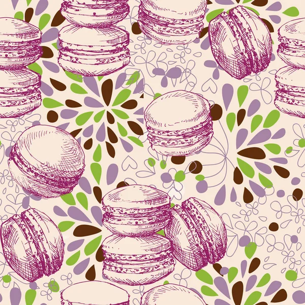 Magasin de gâteaux motif sans couture, macarons et fleurs design — Image vectorielle