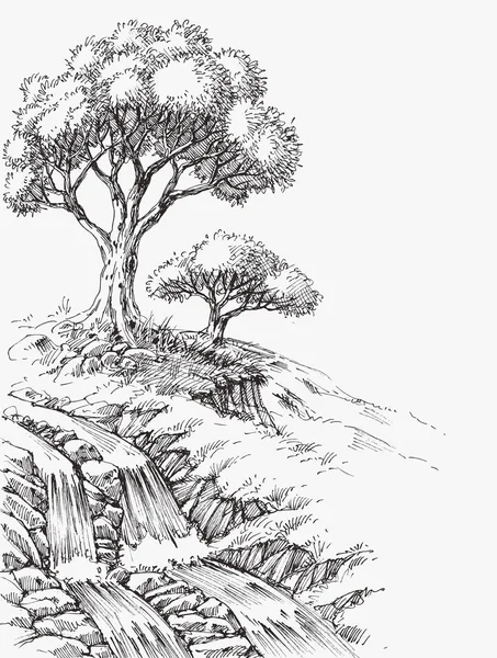 Waterfall and olive trees landscape vector hand drawing — 스톡 벡터