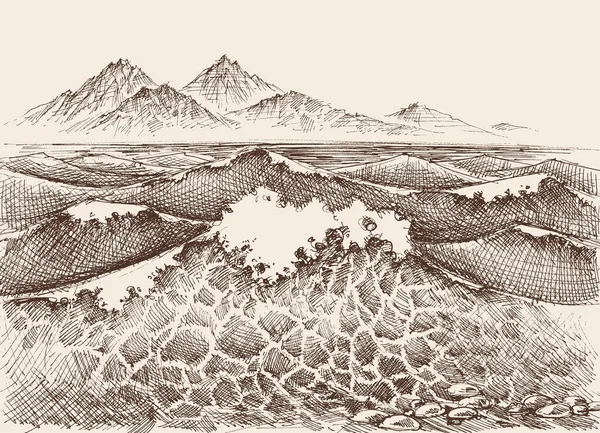 Dibujo de olas marinas o oceánicas. Vistas al mar, olas rompiendo — Archivo Imágenes Vectoriales