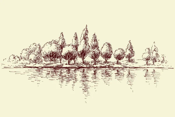 Réflexion Forêt Dans Eau Panorama Des Arbres Sur Rive — Image vectorielle