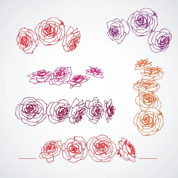 Rosas Dibujadas Mano Conjunto Flores Decoraciones Esquina Página Divisores Elementos — Vector de stock