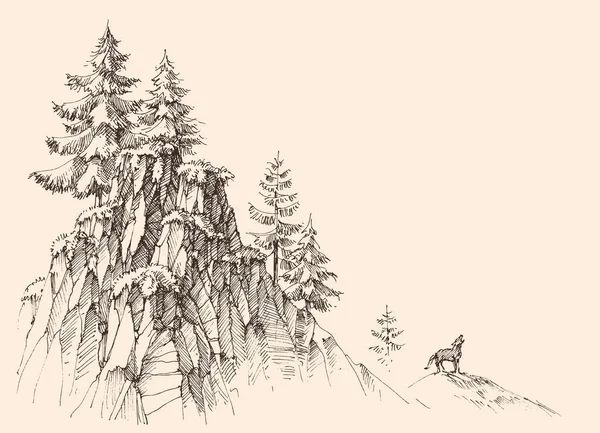 山の風景 高山岩の崖とオオカミの上 — ストックベクタ