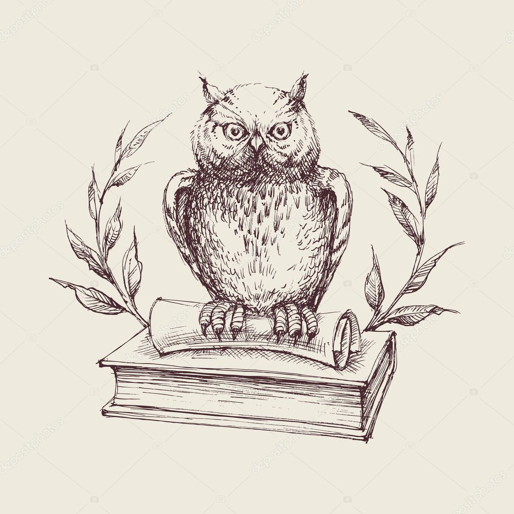 Wise owl symbol, books, laurel and scroll, education concept
