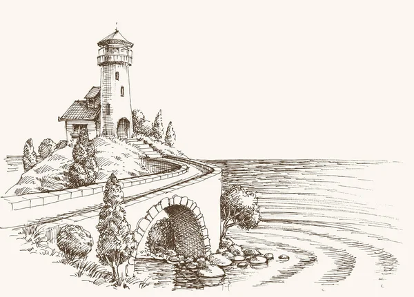 Deniz Feneri Manzarası Deniz Kıyısı Vektör Kalem Çizimi — Stok Vektör