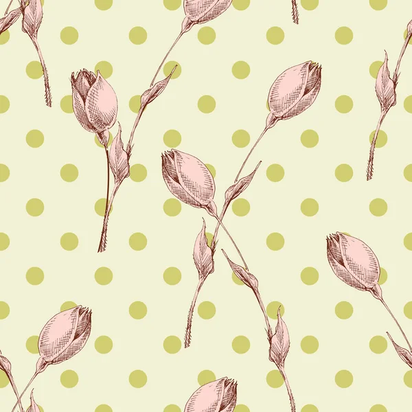 ピンクのバラの芽シームレスパターン上ポルカドット背景 — ストックベクタ