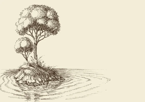 Natur Tapete Zwei Bäume Auf Einer Kleinen Insel Vektor Handzeichnung — Stockvektor