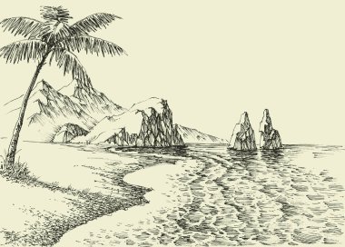 El çizimi bir plaj, palmiye ağaçları ve kayalık deniz kıyısı.