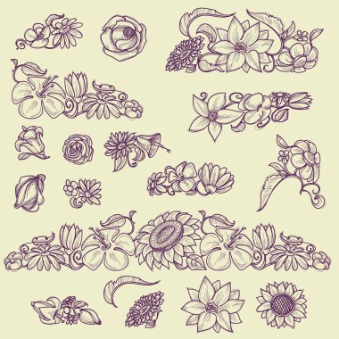 Çiçek tasarım elemanları ve sayfa dekorasyon vektörü seti
