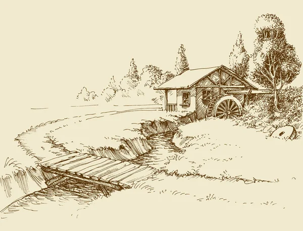 Molino Agua Paisaje Pequeño Río Puente Madera Ilustración Artística Dibujada — Archivo Imágenes Vectoriales