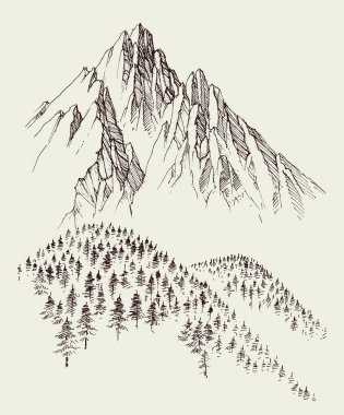 Nature drawing, mountains ranges and alpine forest sketch clipart