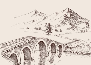 Dağlardaki nehirde taş köprü. Alp el çizimi manzara