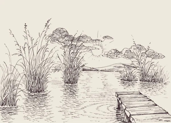 Lake River Peaceful Landscape Wooden Pontoon Shore — Stock Vector