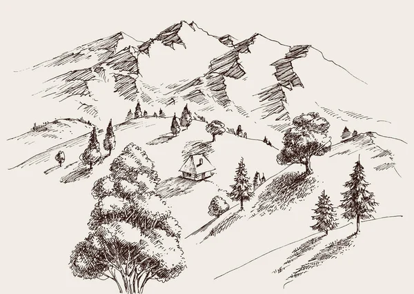 Φύση Σχέδιο Βουνά Τοπίο Ένα Απομονωμένο Σπίτι Στην Κοιλάδα — Διανυσματικό Αρχείο