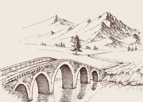 Stone Bridge River Mountains Alpine Hand Drawn Landscape — Stock Vector