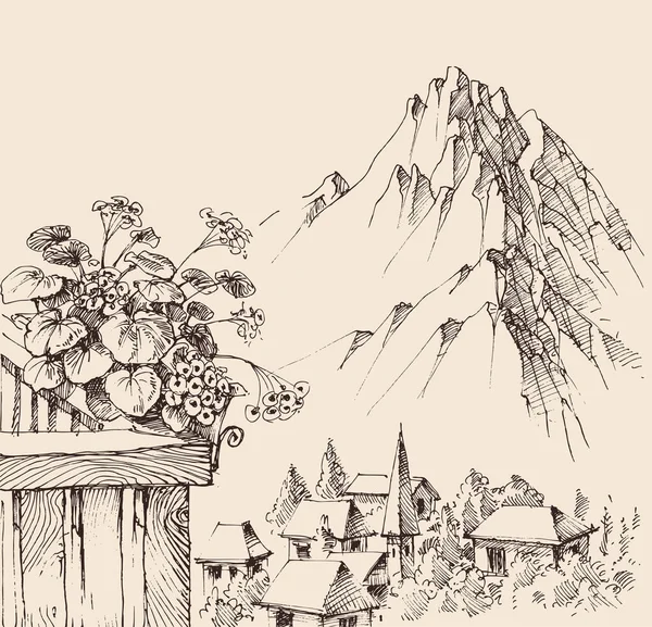 Mountain Village View Balcony Alpine Landscape Sketch — Stock Vector
