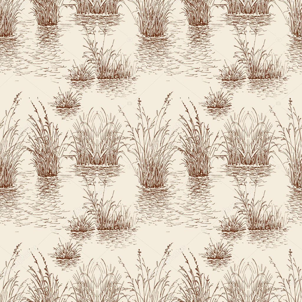 Lake and cattail seamless pattern, hand drawn water and plants