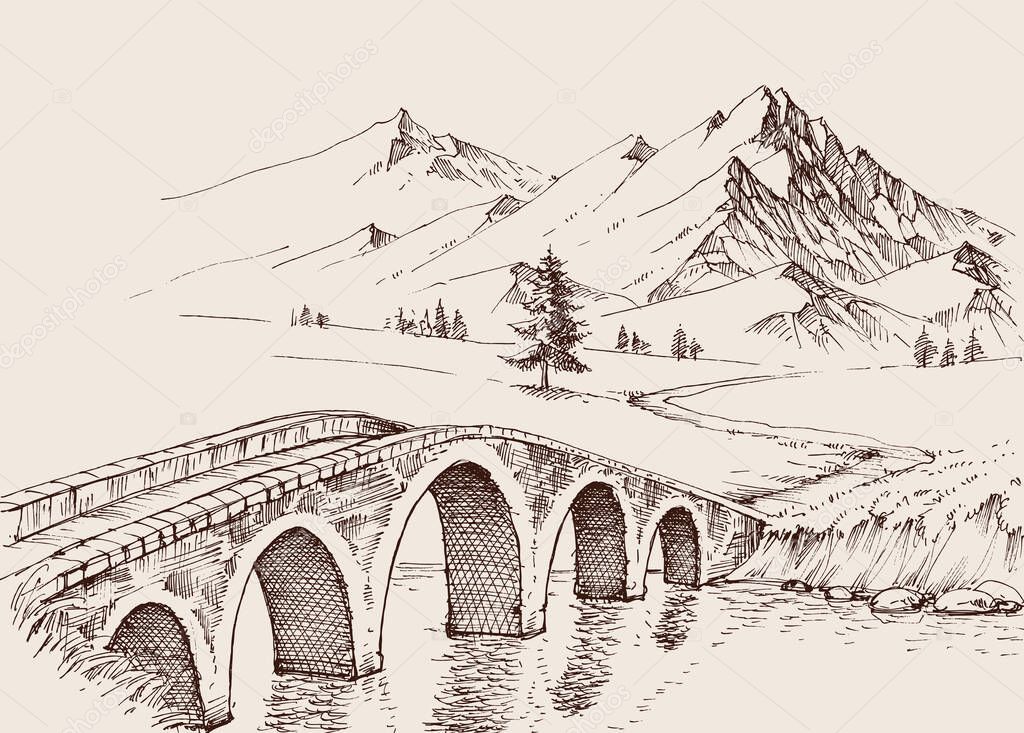 Stone bridge over river in the mountains. Alpine hand drawn landscape