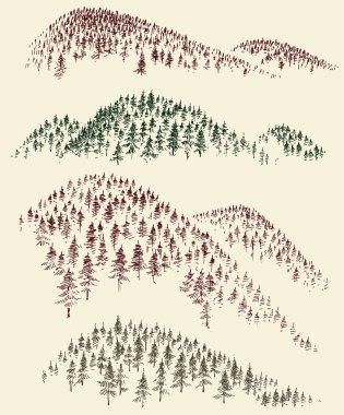 Dağ orman vektörü ayarlandı. El yapımı kozalaklı ağaçlar.