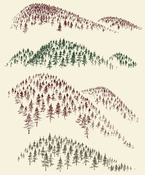 Montaña Bosque Vector Conjunto Picos Bosques Coníferas Dibujados Mano — Vector de stock