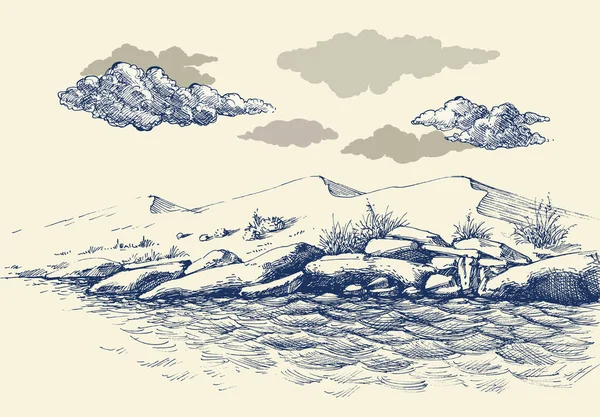 岩だらけの海の海岸の手描き 背景の砂丘 — ストックベクタ