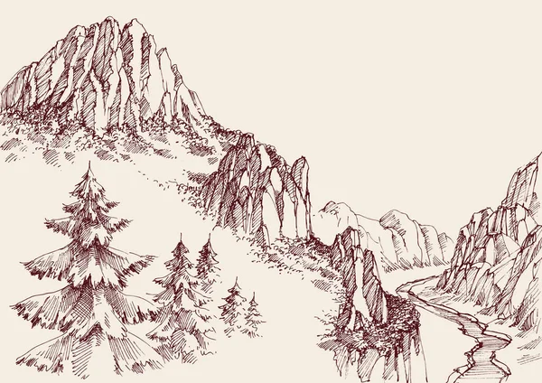 Alpine Sketch Background Pine Tree Forest River Valley Mountain Ranges Royalty Free Stock Illustrations