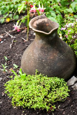 Renkli bir bahçede Clay Pot tasarım detayı olarak kullanıldı