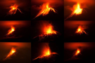 Tungurahua yanardağının 9 resminin koleksiyonu farklı lav akışları desenleriyle Canon Eos 5D Mark Ii 'nin tam boyuttan görülebilen küçük ses miktarından dönüştürülmüş hali.