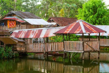 Ekvador 'un Amazon tarafının derinliklerine orman kulübesi. Tahtadan yapılmış basit bir yapı. Bu yüzden onları yağmurdan korumak için inşa ediyorlar.