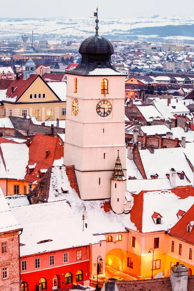 Hodinová Věž Městě Sibiu Soumraku — Stock fotografie