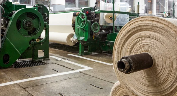 Textile Factory Roll Foreground Machines Background — Stock Photo, Image