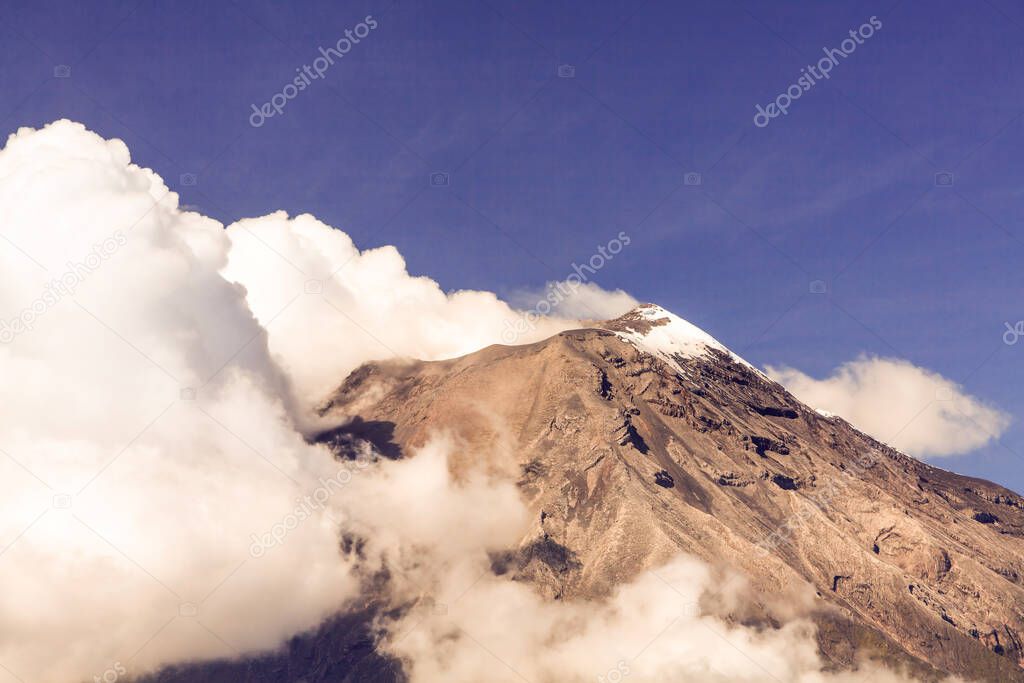 Tungurahua Volcano Eruption Against Clear Blue Sky In Ecuador South America