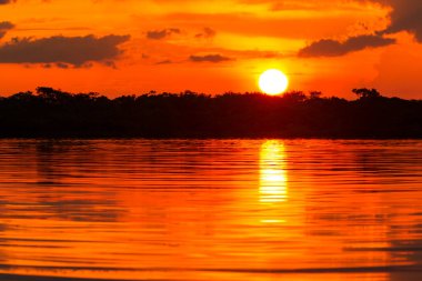 Laguna Grande Cuyabeno Ulusal Parkı Ekvator 'daki turuncu gökyüzü günbatımında polarize telefoto çekimi