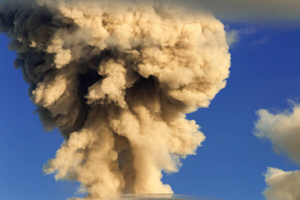 mushroom cloud from tungurahua volcano explosion in ecuador south america