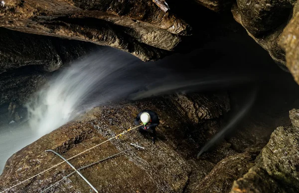 Speleologist Mayei Cave Waterfall Entrance Shaft Ecuadorian Amazonia — Stock Photo, Image