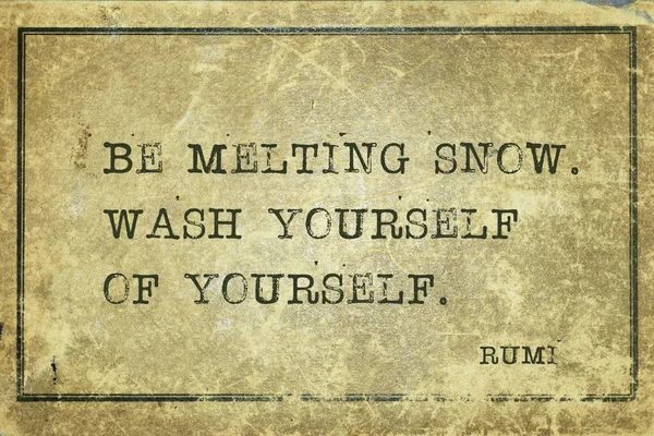融化的雪 洗净你自己 古老的波斯诗人和哲学家鲁米的名言印在愤怒的老式纸板上 — 图库照片