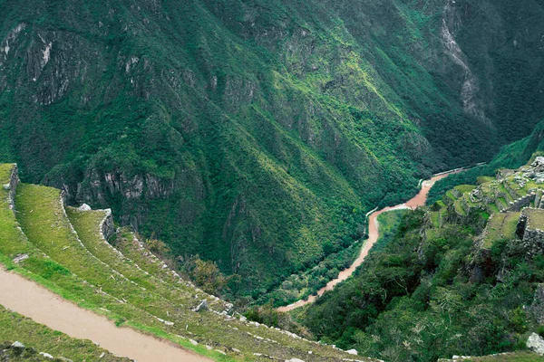 Valle Del Río Urubamba Visto Desde Antiguas Terrazas Del Sitio — Foto de Stock