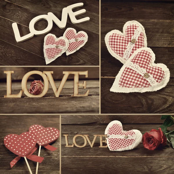 Vintage styl valentinky koláž s láskou symboly — Stock fotografie