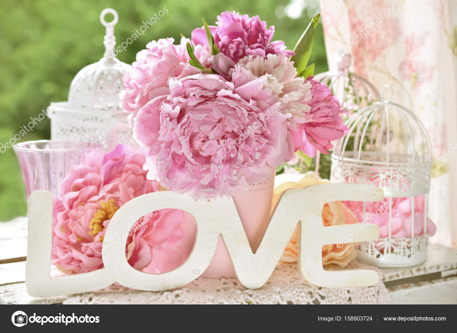 Love Decoration With Wooden Letters And Peony Flowers With Color