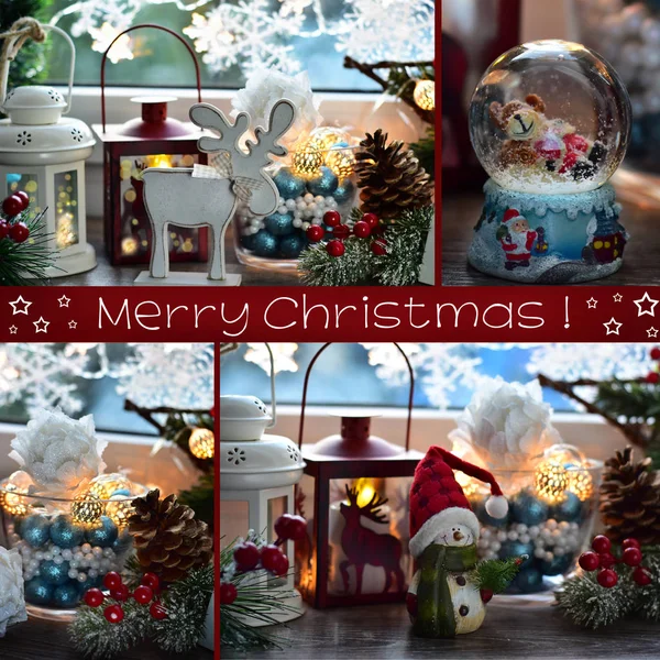 コラージュの] ウィンドウのクリスマスの装飾とあいさつ文 — ストック写真